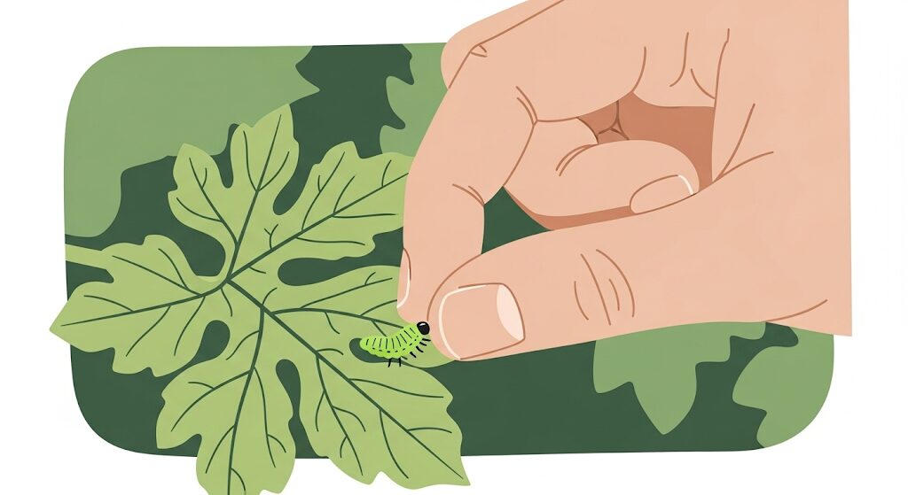 実に穴が開く前に！ウリノメイガ幼虫の手動駆除法